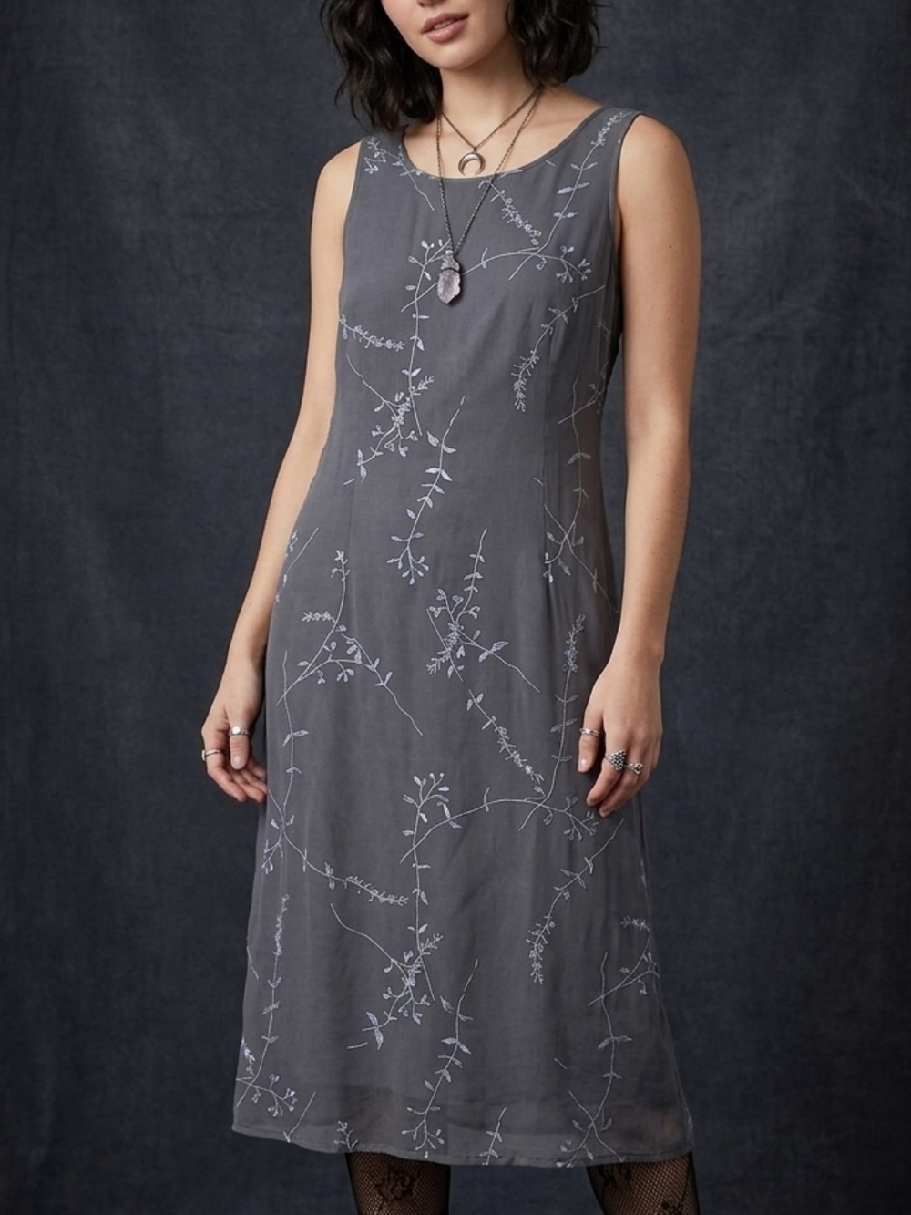 MERONA sleeveless midi sheath dress, grey/purple floral, size 6